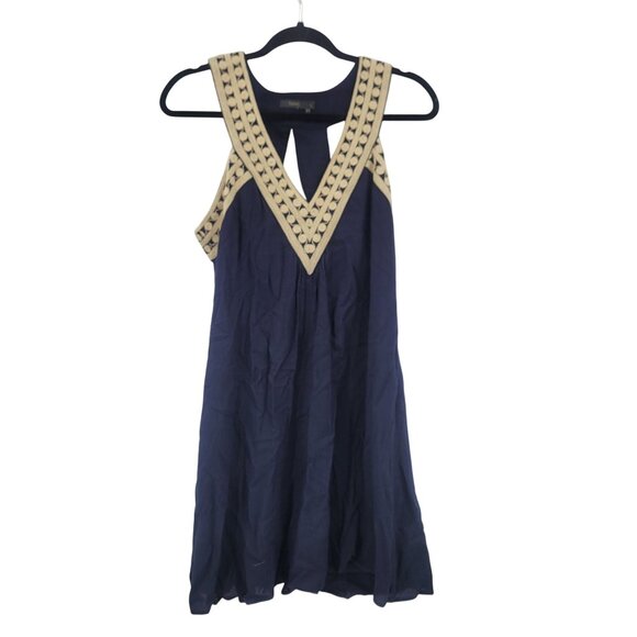 THML Navy Blue Sleeveless Swing Dress Sz L Embroidered V-Neck Cutout Back Rayon - Picture 9 of 9